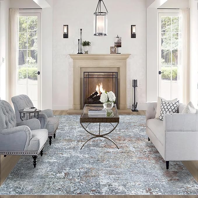 10x14 Area Rugs for Living Room: Large Machine Washable Area Rug with Non Slip Backing Non Shedding Abstract Stain Resistant Carpet for Bedroom Dining Room Nursery Home Office - Gray