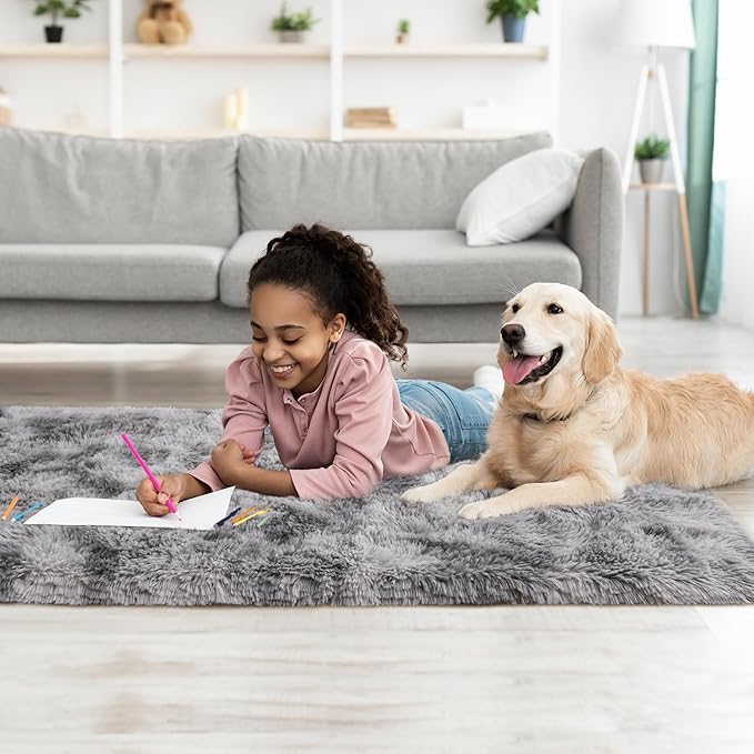 Tepook Fluffy Runner Rugs for Bedroom Aesthetic 2x6 Feet, Shag Soft Bedside Rug with Non-Slip Bottom, Fuzzy Plush Carpet for Room, Hallway Rug for Nursery Dorm Indoor Home Decor, Tie-dye Light Grey