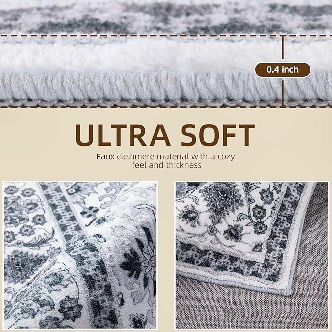 Washable Area Rug 4x6 Non-Slip, Boho Rugs for Living Room Decor，Indoor Mat for Front Porch, Kitchen, Laundry Room, Bathroom, Gray