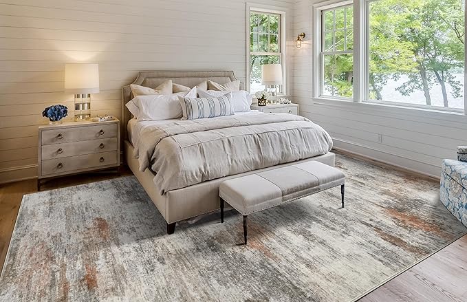 Area Rugs for Living Room: 8x10 Washable Neutral Modern Rug for Bedroom Large Soft Abstract Dining Room Rugs Indoor Floor Low Pile Carpet for Home Office Nursery - Rust Grey