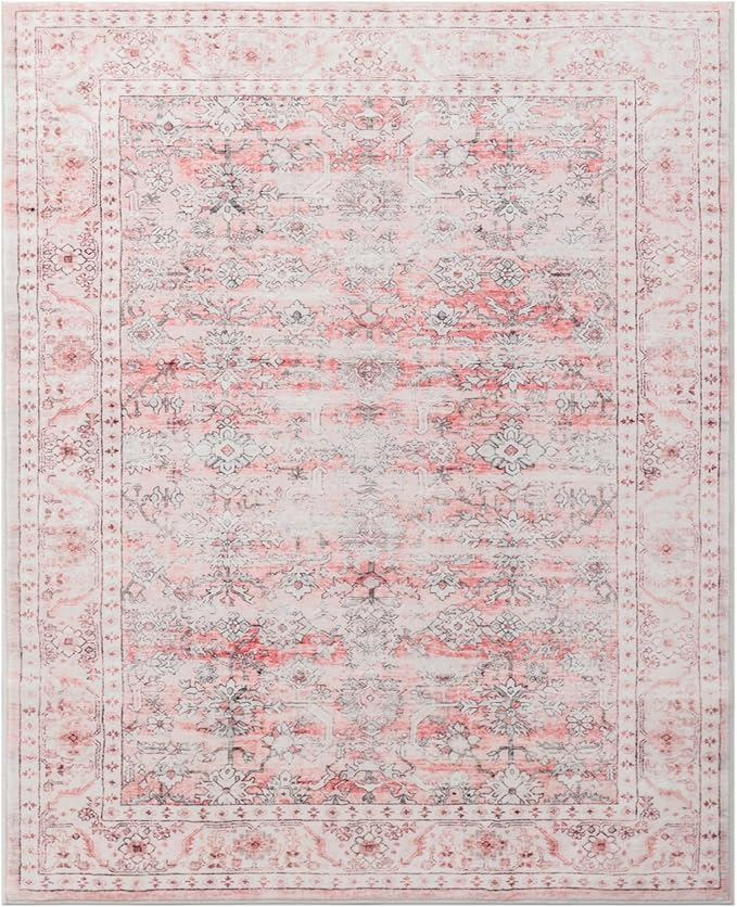 Carvapet Pink Rugs for Living Room Bedroom, Vintage Low Pile Large Carpet with Rubber Backing, Foldable, Non Slip Machine Washable (10 x 8 Feet Rectangular, Pink Area Rug)