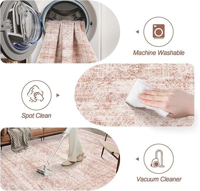 Washable Area Rug 8x10, Large Soft Rugs for Living Room Vintage Area Rugs for Bedroom Dining Room Non-Slip Stain Resistant Pink Rug Under Table Rug