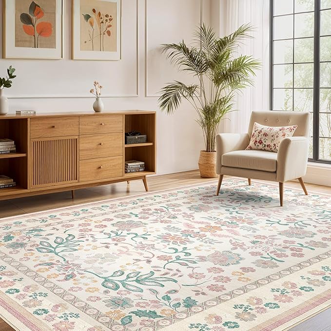 5x7 Area Rug Living Room Rugs Thickened - Washable Boho Vintage Floral Large Soft Non Slip Thin Rug Low Pile Carpet for Bedroom Dining Room Kids Playroom Office Decor Indoor- Pink 1