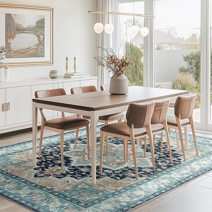 BESTSWEETIE 6x9 Area Rugs for Living Room, Washable Ultra Soft Boho Vintage Print Pattern Rug Non Slip Low Pile Carpet for Dining Room Bedroom Entryway Indoor-Navy/Light Blue/Natural