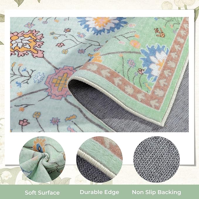 Syalife 2x3 Area Rugs, Non Slip Washable Small Rugs for Entryway, Kitchen, Bathroom, Kids Room, Low Pile Entry Throw Rug Indoor Front Door Mat (Green Floral, 2'x3')