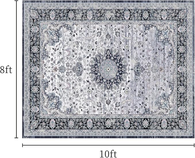8x10 Rug, Washable Neutral Boho Modern Vintage Non Slip Floral Area Rugs, Low Pile Soft Rugs, Area Rugs, Slip Resistance Carpet, Pet-Friendly Carpet, Durable Rug for Living Room, Bedroom
