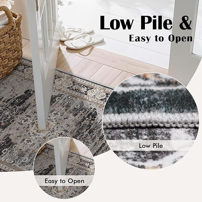 2x5 Runner Rug for Hallway Washable: Non Slip Kitchen Rugs with Rubber Backing Soft Waterproof Mats Stain Resistant Indoor Vintage Carpet Runner for Bedroom Bathroom Laundry Entryway Black/Gray