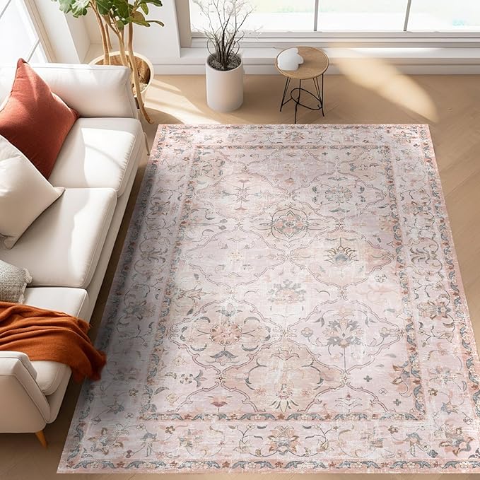 Washable Boho Vintage Area Rugs 6×9 Non-Slip Traditional Pink Area Rug for Nursery Living Room Bedroom Dining Room Girls' Room