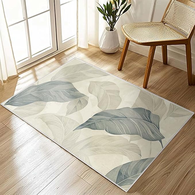 2x3 Entryway Rug Vintage Botanical Leaf Beige Area Rug Thin Small Carpet Bathroom Non Slip Indoor Entrance Low Pile Door Mat Kitchen Stain Resistant Washable Machine