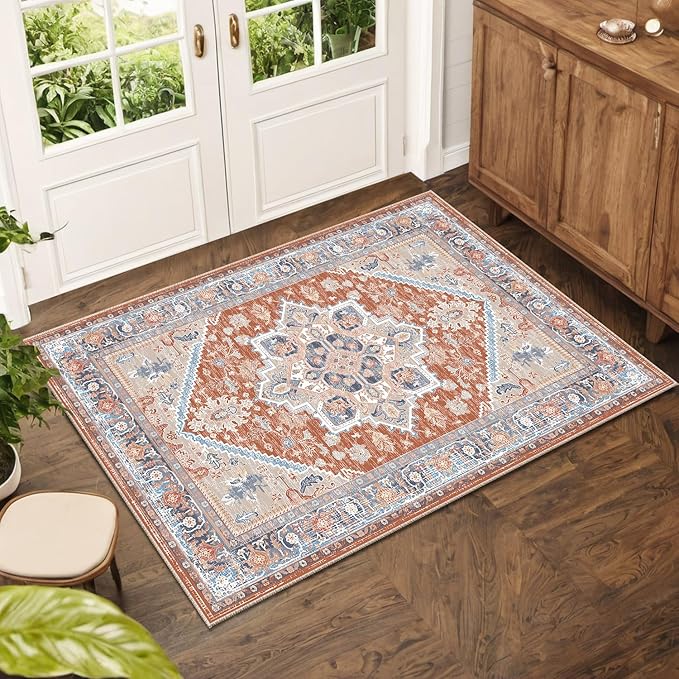 BESTSWEETIE 2x3 Area Rugs for Living Room Washable Non Slip Carpet Low Pile Soft Vintage Print Pattern Rug for Bedroom Dining Room Kitchen Entryway Indoor-Brick/Blue/Light Ivory