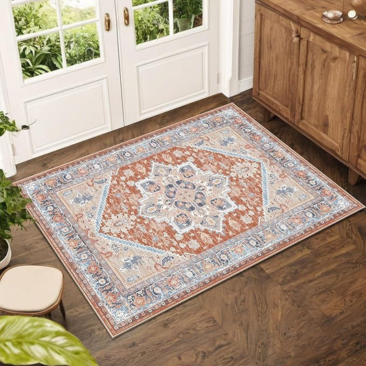 BESTSWEETIE 2x3 Area Rugs for Living Room Washable Non Slip Carpet Low Pile Soft Vintage Print Pattern Rug for Bedroom Dining Room Kitchen Entryway Indoor-Brick/Blue/Light Ivory
