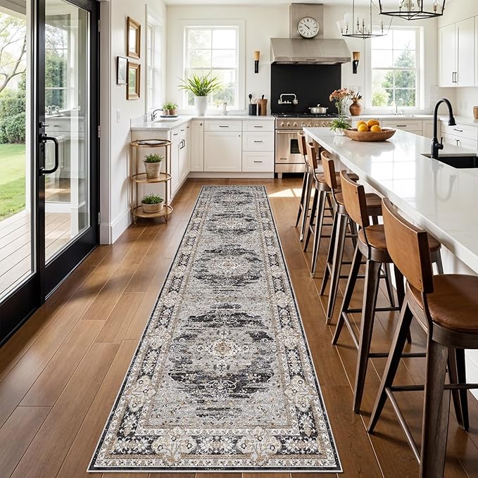 3x12 Runner Rug for Hallway Washable: Non Slip Kitchen Rugs with Rubber Backing Soft Waterproof Mats Stain Resistant Indoor Vintage Carpet Runner for Bedroom Bathroom Laundry Entryway Black/Gray