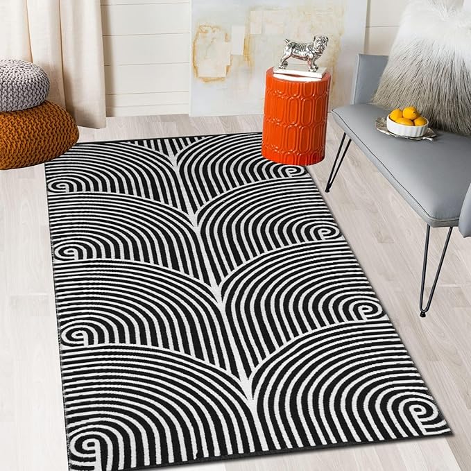 Tiffasea Living Room Rugs 3'x5', Machine Washable Area Rugs Reversible Indoor Outdoor Rugs Cotton Woven Front Door Rug for Entryway/Laundry/Bathroom/Bedroom/Kitchen(Black and White)