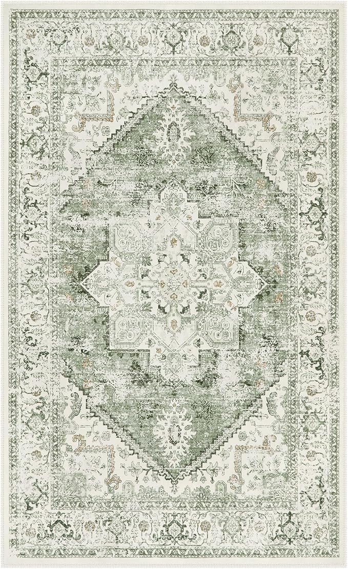 LIVEBOX Washable Area Rug 3x5 - Vintage Tribal Non-Slip Indoor Rug for Kitchen Entryway, Low-Pile Front Door Mat Print Distressed Accent Throw Rug for Bedroom Entry Foyer Laundry Room, Sage