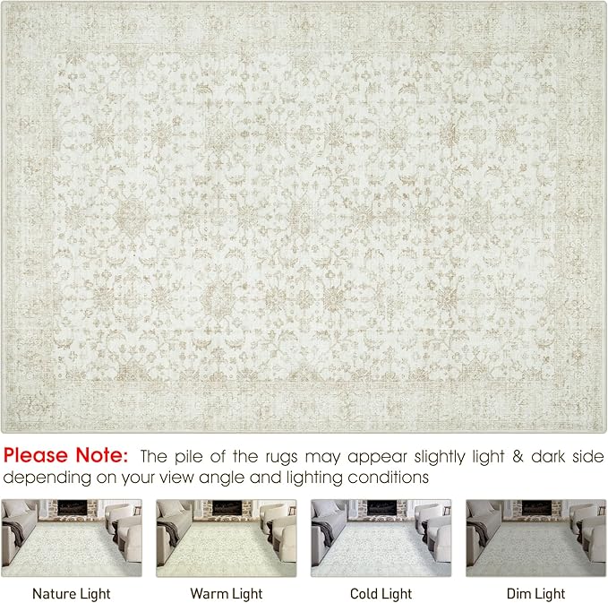 Washable Rugs 8x10 Area Rugs, Soft Vintage Living Room Rug with Anti-Skid Backing Stain Resistant Thin Indoor Carpet Large Area Rug for Bedroom Under Dining Room Table Nursery Entryway-Light Beige