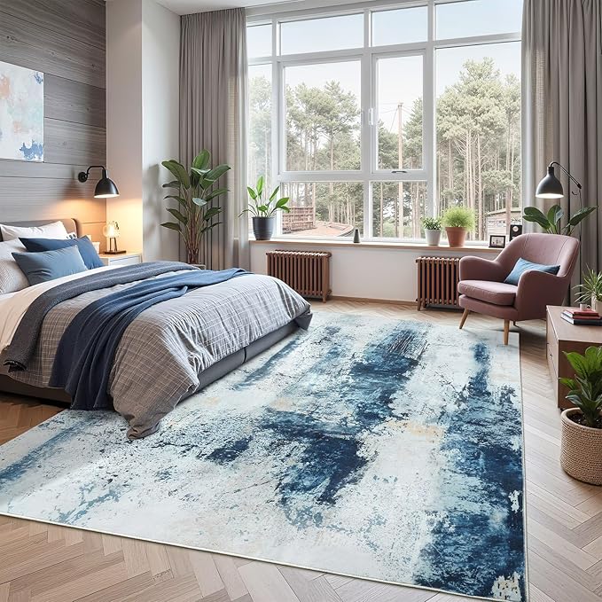 Washable Abstract Rug, 5x7 Modern Area Rugs with Non-Slip Rubber Backed for Living Room, Thin but Soft Contemporary Carpet Kitchen Bedroom Dining Room Decor, Blue White