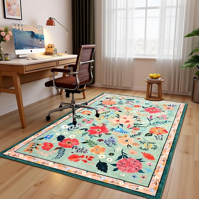 3x5 Floral Rug for Girls Bedroom, Machine Washable Area Rugs with Non Slip Backingfor Living Room, Cute Flowers Carpet Kitchen Dining Room Kids Playroom Decor, Light Green