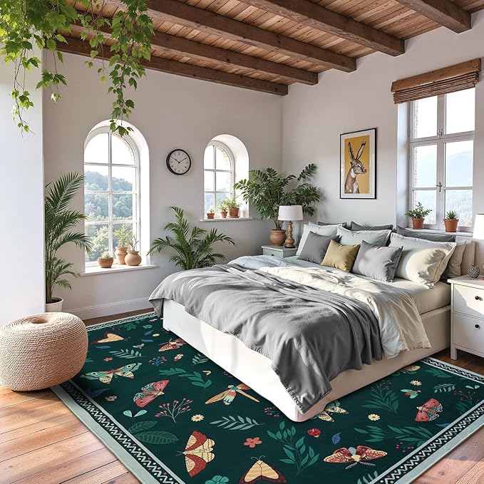 ASPMIZ Insect Area Rug 3X5, Dark Green Bedroom Rug Non Slip, Spring Summer Washable Rug Farmhouse Butterfly Living Room Rugs Low Pile, Soft Faux Wool Throw Carpet for Entryway, Nursery, Dark Green