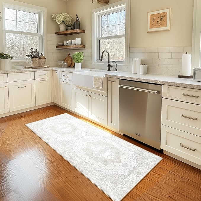 Washable 2x6 Area Rugs, Rugs for Living Room, Low-Pile Water&Stain Resistant Carpet Vintage Distressed Printed Non-Slip Carpet for Bedroom Bathroom Kitchen-Ivory