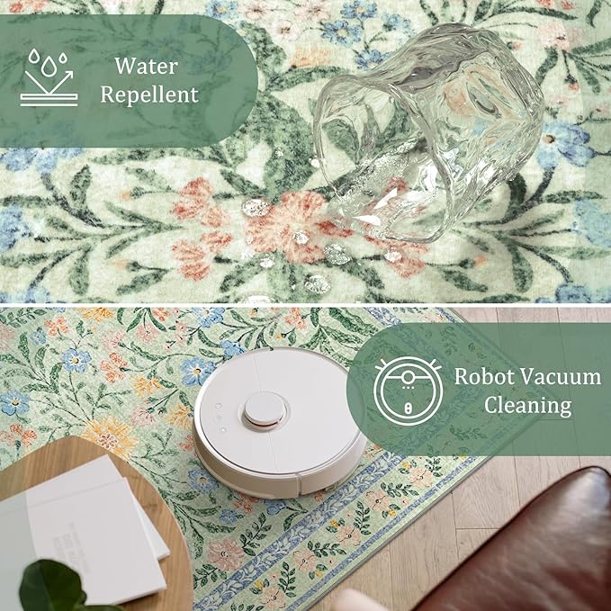 Morebes Washable Kitchen Runner Rug 2x6, Green Boho Floral Hallway Rug Runner Non Slip,Vintage Flower Soft Ultra-Thin Indoor Throw Carpet for Entryway Bathroom Laundry Room