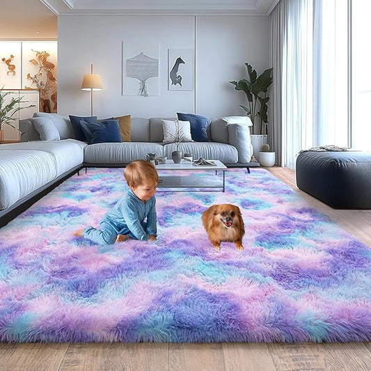 Fluffy Area Rugs for Living Room, Soft Shaggy Carpets for Living Room, Upgrade Non-Slip Plush Rugs for Kids' Room, Perfect Decor for Modern Home Rainbow 5x7 Feet