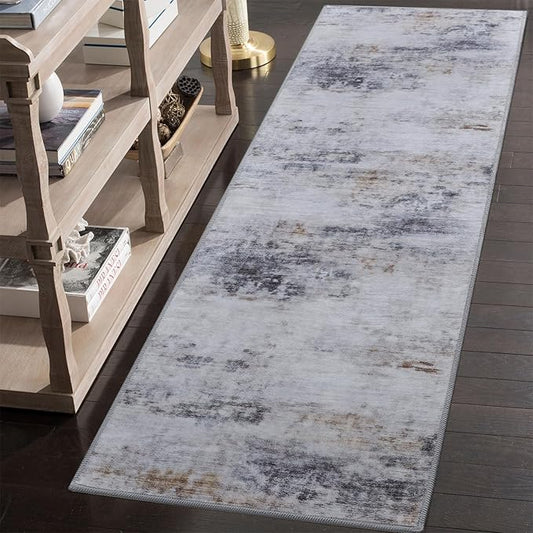 Toneed 2x6 Runner Rug Modern Abstract Hallway Rug Washable Non Slip Rubber Rugs for Kitchen Stairs Entryway Bedroom Living Room Printed Low Pile Foldable Accent Rugs Grey/Brown