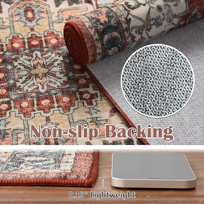 jinchan Area Rug 3x5 Washable Soft Thin Vintage Low Pile Non Slip Distressed Carpet Indoor Oriental Medallion Rug for Bedside Bathroom Bedroom Laundry Room Dining Room Terra Red Multi