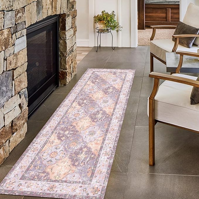 Boho Vintage Area Rugs 2×6 Washable Non-Slip Traditional Mauve Purple Runner Rug for Hallway Kitchen Entryway