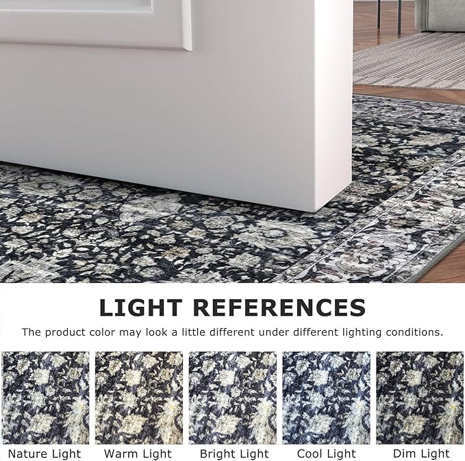Vintage Kitchen Runner - 2x6 Floral Rug, Washable, Non-Slip, Low Pile, Distressed Boho Rug for Hallways, Bedroom, Laundry Room, Entryway
