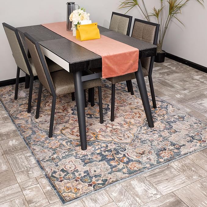 Yancorp 2'x3' Boho Area Rug for Bedroom Non Slip Washable Rug Vintage Carpet Living Room Non-Shedding Indoor Floor Mats Bedroom Kitchen Entryway Rugs-Rectangle Blue Grey