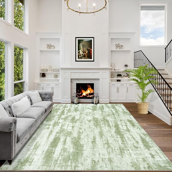 10x14 Area Rugs Washable Rug: Modern Abstract Living Room Rug Soft Anti-Skid Thin Carpet Indoor Floor Non-Shedding Carpets for Bedroom Dining Room Farmhouse Nursery Home Office - Green