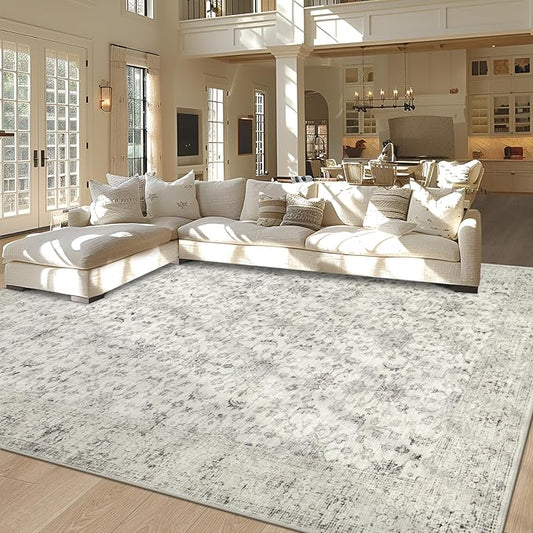 5x7 Area Rug Washable Rug, Soft Vintage Living Room Rug with Anti-Skid Backing Stain Resistant Thin Indoor Carpet Large Area Rug for Bedroom Under Dining Room Table Nursery Entryway-Light Gray