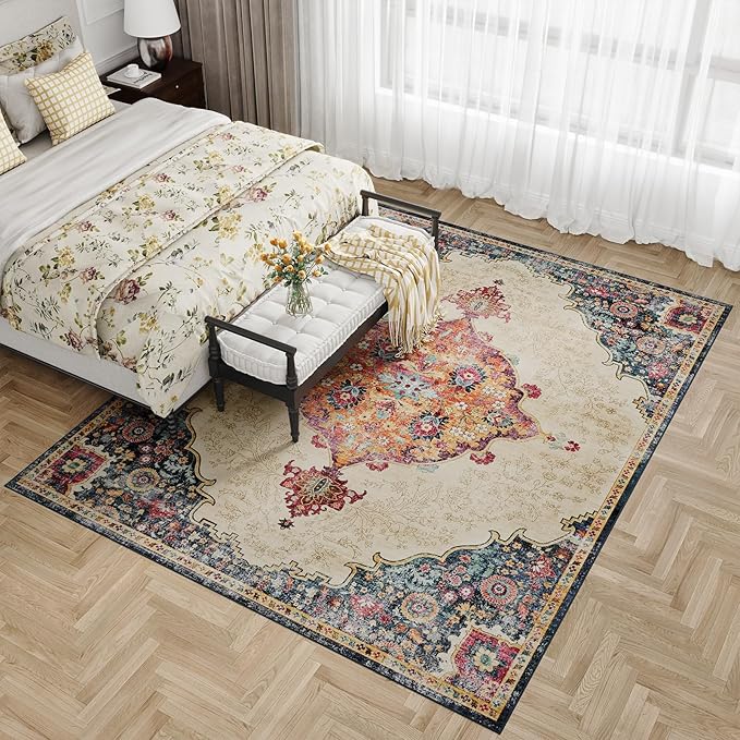 Dripex 8x10 Area Rugs, Machine Washable Non Slip Distressed Boho Rugs,Large Area Rug for Bedroom Aesthetic, No Pile Lightweight Vintage Rug, Carpet for Living Room Dining Room Apartment Den,Multi