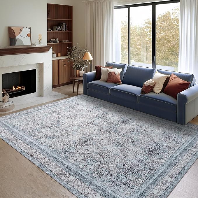 Phantoscope Vintage Collection Area Rug 9'x12' - Washable Rug Boho Rugs Non-Slip for Living Room, Bedroom, Dining Room, Dorm, Indoor Low-Pile Carpet Distressed Accent Rug, Blue/Grey
