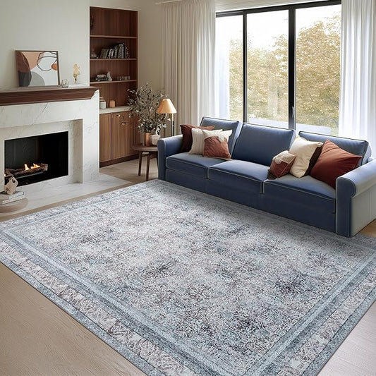 Phantoscope Vintage Collection Area Rug 9'x12' - Washable Rug Boho Rugs Non-Slip for Living Room, Bedroom, Dining Room, Dorm, Indoor Low-Pile Carpet Distressed Accent Rug, Blue/Grey