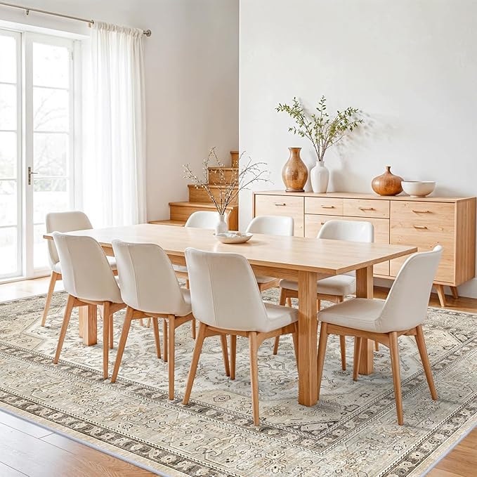 10x12 Rugs Living Room: Large Washable Soft Neutral Oriental Area Rug for Bedroom Farmhouse Low Pile Stain Resistant Thin Rugs Distressed Non Slip Backing Waterproof Indoor Carpet 10'x12' Ivory