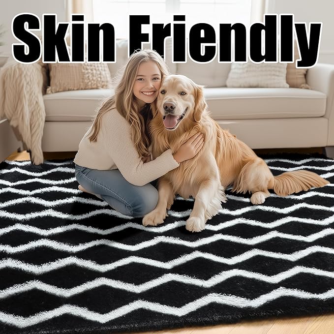 RUGTUDER Area Rug for Bedroom, Ultra Soft 6x9 Washable Fluffy Fuzzy Striped Rugs for Living Room, Shaggy Furry Chevron Geometric Rug for Boys Room Teens Dorm Nursery Playroom Decor, Black and White