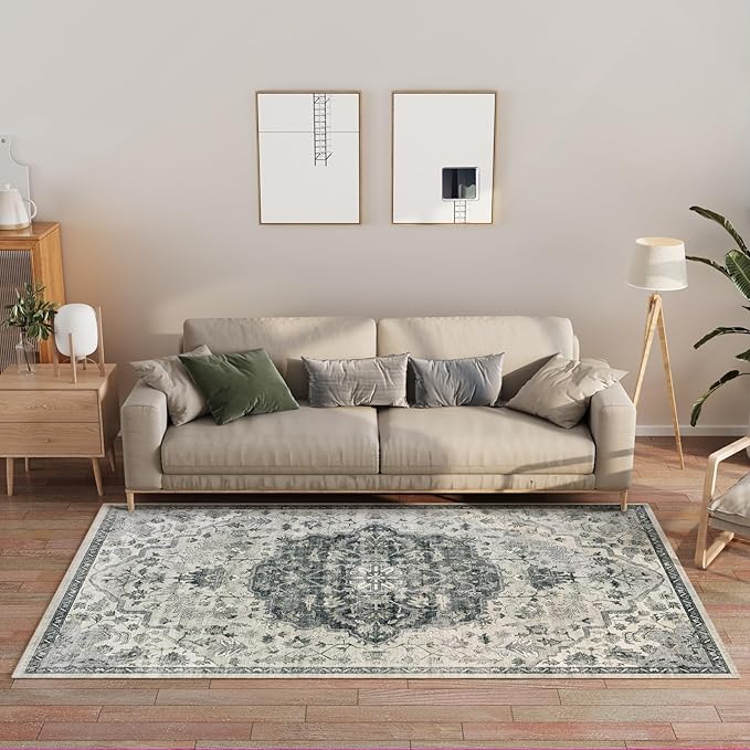 Ultra-Thin 3x5 Vintage Area Rug, Small Non-Slip Oriental Medallion Distressed Rug, Non-Shedding Indoor Floor Carpet for Living Laundry Room, Teal Entry Rug