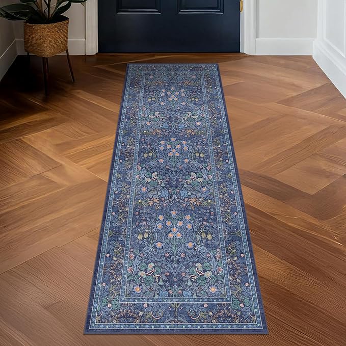 Non Slip 2x6 Dark Blue Bathroom Runner Rug - Long Runner Rugs 24 x 72 Washable Kitchen Floor Mat, Laundry Room Rug, Hallway Runner - Vintage Floral Design Décor