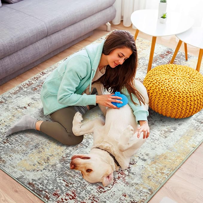 3x5 Washable Area Rug for Living Room Bedroom, Modern Abstract Non-Slip Rugs, Tan Low Pile Soft Stain Resistant Carpet for Dining Room, Kitchen, Office, Dorm, Bedside Decor