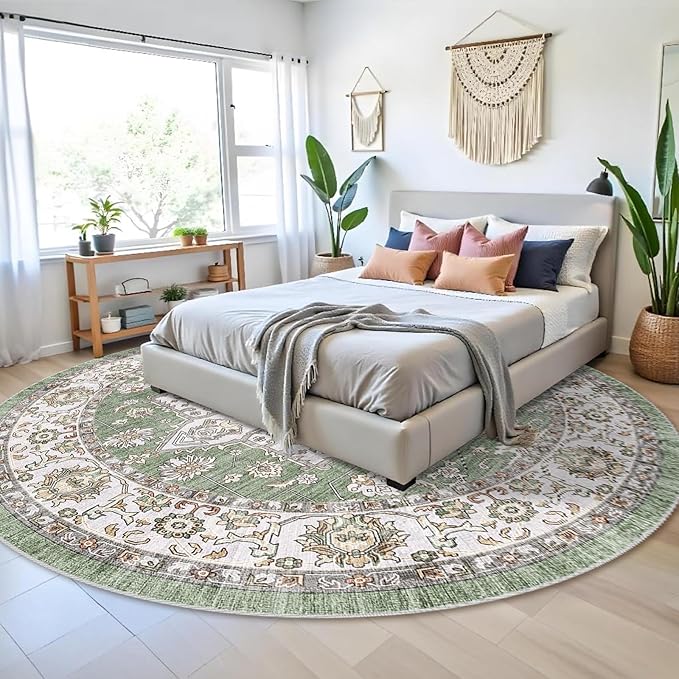 RUUGME Washable 9 ft Round Area Rug - Large Boho Rugs for Living Room Stain Resistant Carpet Vintage Tribal Rugs for Bedroom Kitchen Bathroom with Non Slip Backing Floor Decoration Mat 9ft Sage