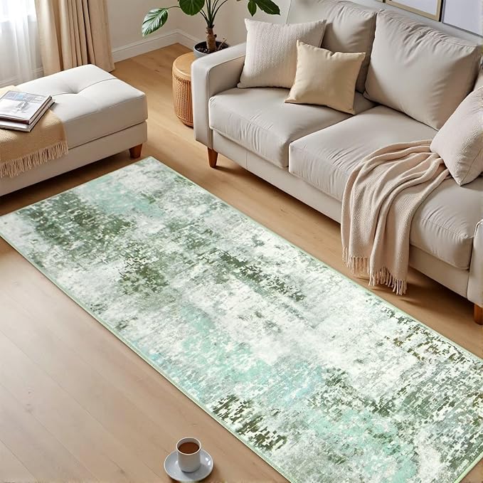 Washable Abstract Runner Rug, 2x6 Modern Area Rugs with Non-Slip Rubber Backed for Kitchen, Thin but Soft Contemporary Carpet Bedroom Entryway Hallway Decor, Green