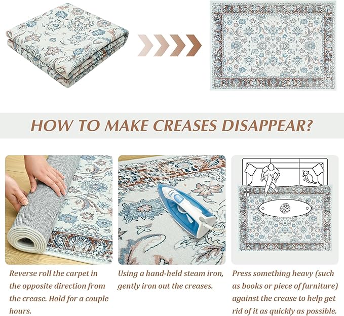 Area Rugs for Living Room, 4x6 Washable Rugs for Bedroom, Non-Slip Floral Carpet for Entryway Office Kitchen Dining Room, Brown and White