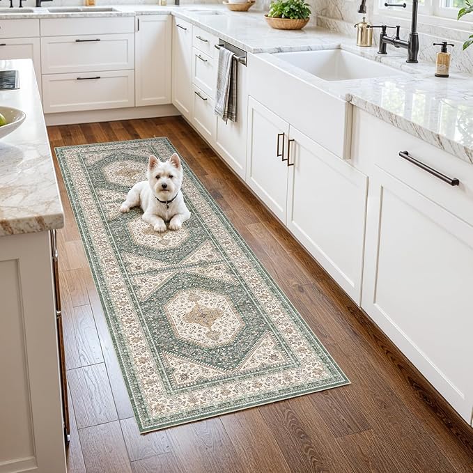 2x5 Runner Rug for Hallway Washable: Non Slip Kitchen Rugs with Rubber Backing Soft Waterproof Mats Stain Resistant Indoor Vintage Carpet Runner for Bedroom Bathroom Laundry Entryway Green/Beige