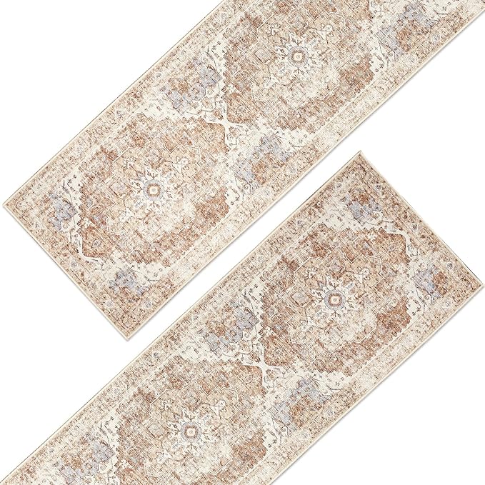 jinchan Runner Rug 3x8-2pcs Vintage Hallway Rug Kitchen Washable Runner Retro Floor Cover Lightweight Non-Slip Thin Distressed Carpet for Entryway Bathroom Laundry Room Bedroom Stairway Brick Red