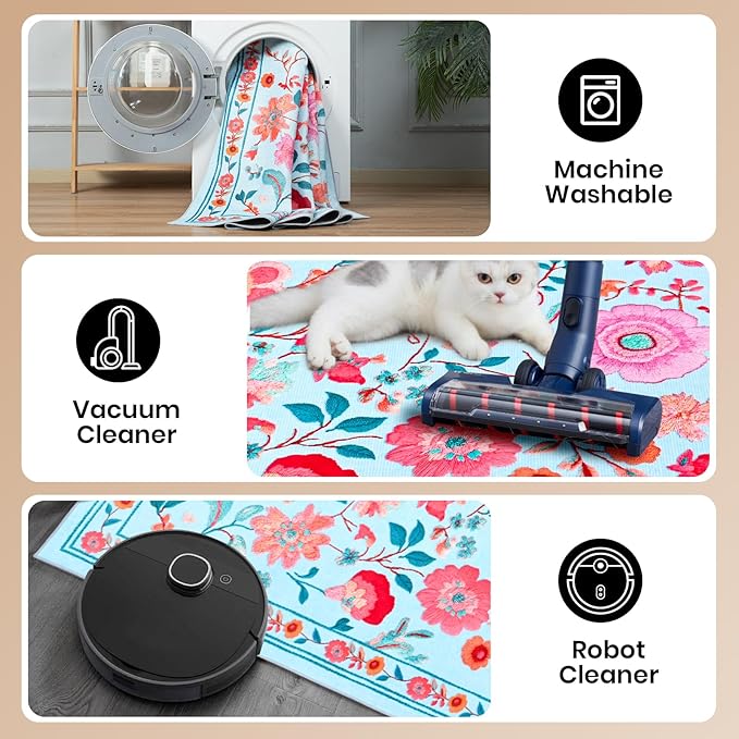 Area Rugs for Living Room 9x12 Non-Slip Carpet Washable Boho Rug Vintage Low Pile Carpet Print Home Rugs for Bedroom Kids Room Playroom Dining Room Home Office Farmhouse,Blue