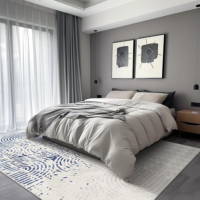 Bavni Area Rug 3X5, Washable Rug for Kitchen Dining Room, Non Slip Rugs for Bedroom, Aesthetic Modern Abstract Rugs for Living Room, Durable Non Shedding Rug (Blue White)