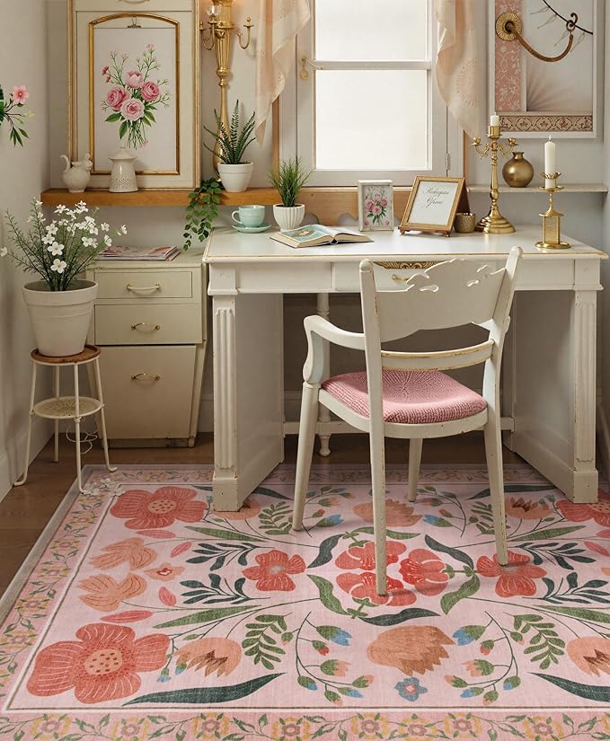 Beige Boho Washable Area Rug 5x7, Floral Soft Non Slip Kids Rugs for Bedroom, Ultra-Thin Colorful Living Room Carpet, Farmhouse Botanical Carpet for Nursery Playroom (5x7ft,Beige)