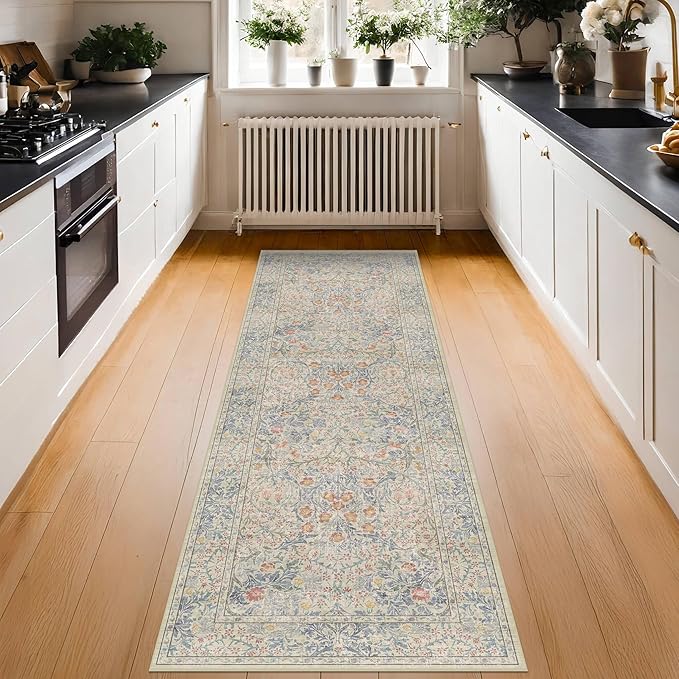Non Slip Beige Blue Bathroom Runner Rug - Long Runner Rugs 24 x 72 Washable Kitchen Floor Mat, Laundry Room Rug, Hallway Runner - Vintage Design Décor (2x6 Beige Blue)