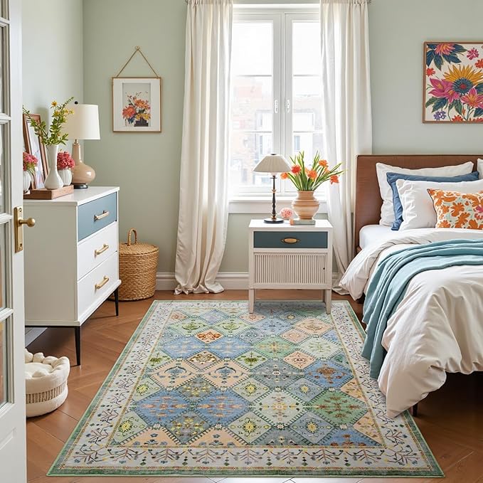 4x6 Washable Area Rug for Bedroom, Green Boho Non-Slip Living Room Rugs, Moroccan Floral Trellis Carpet Soft Low Pile Accent Indoor Mat for Bedside Kitchen Laundry Room